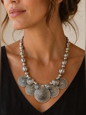 Silver Tone Coin Medallion Bib Necklace Boho Statement St. Thomas
